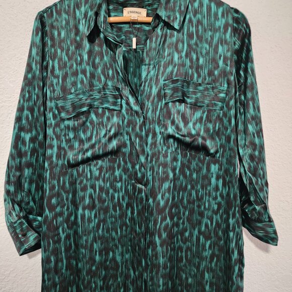 L' AGENCE Cameron Emerald Green Abstract Ikat Maxi Shirt Dress 100% Silk Small - Picture 4 of 7